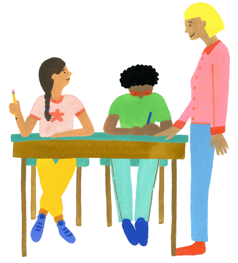 Illustration drawing of a teacher standing at the table of two students to help them with their work.